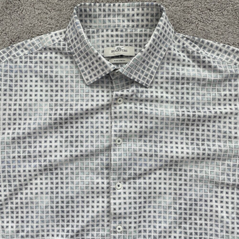 Bugatchi Shirt Mens XL Geometric Button Up 8 Way Stretch Long Sleeve White Gray - Picture 2 of 8